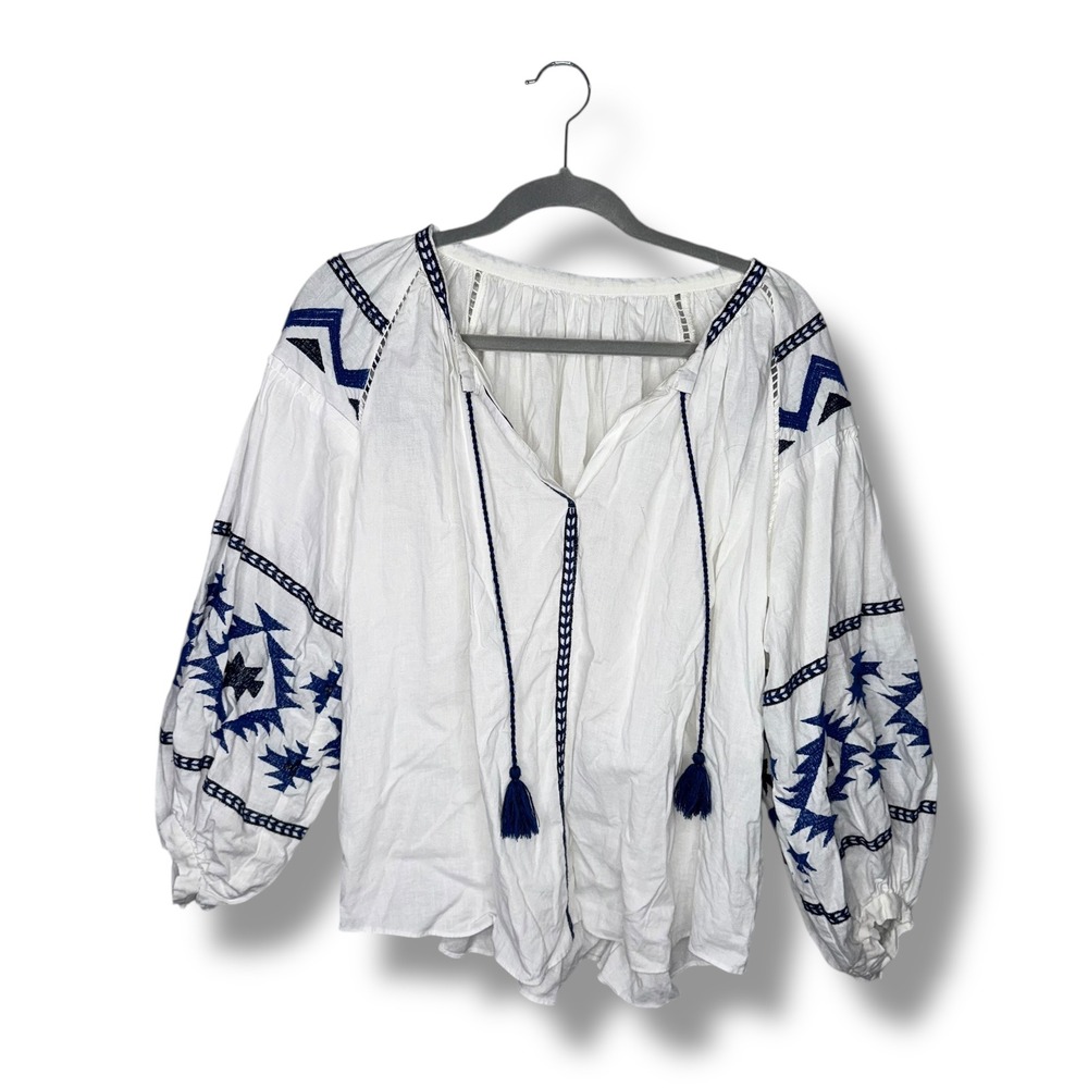 JOURNAL STANDARD White Embroidered Tassel Tie Boho Blouse Size XL‎